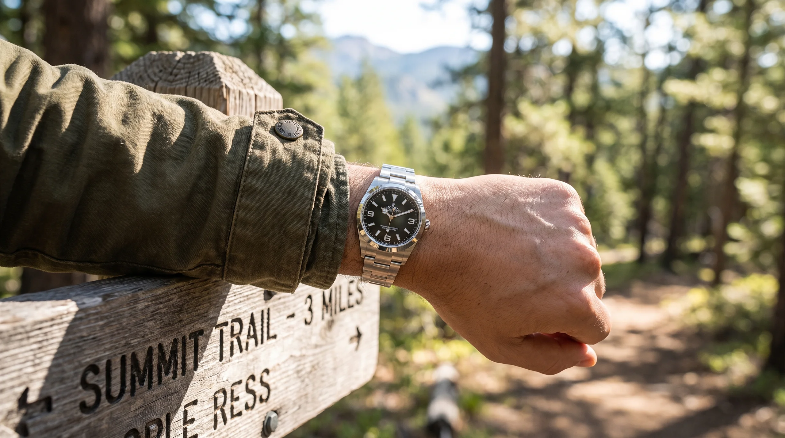 Rolex Explorer 124270 worn on the wrist on a hiking trail