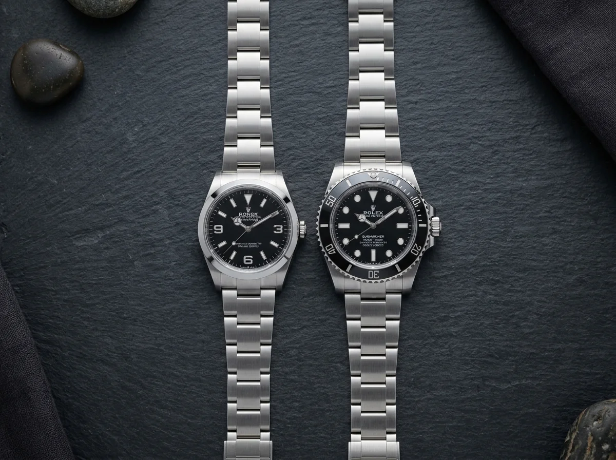 Rolex Explorer 124270 36mm beside Rolex Submariner 124060 41mm size comparison on dark slate surface