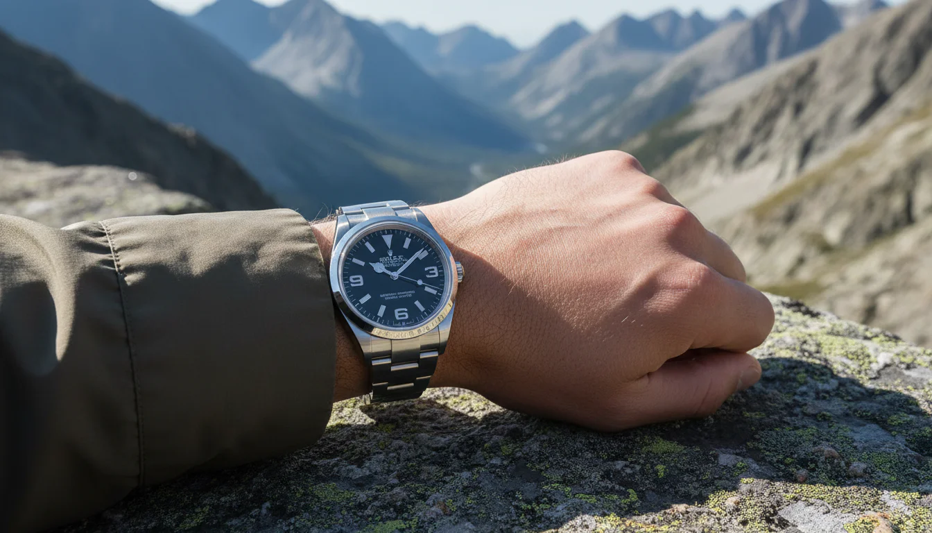 Wrist shot of a Rolex Explorer 124270 field watch worn outdoors in a mountain setting