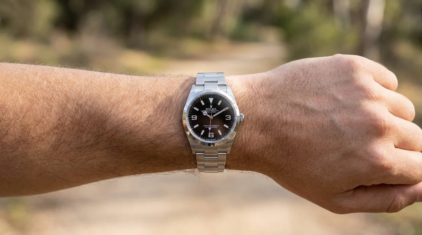 Rolex Explorer 124270 with black dial worn on the wrist outdoors
