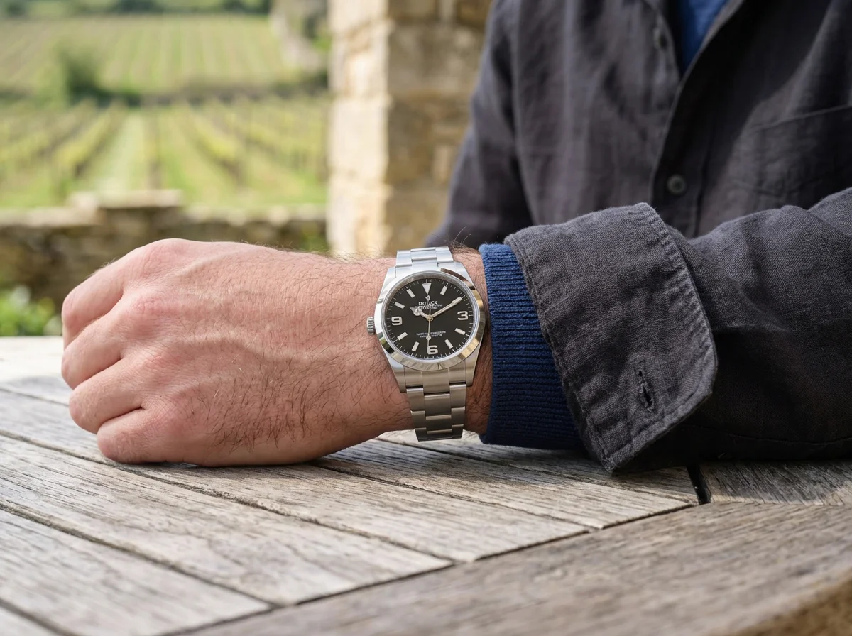Rolex Explorer 124270 worn on wrist outdoors, black dial Arabic numerals, Oyster bracelet, casual shirt cuff