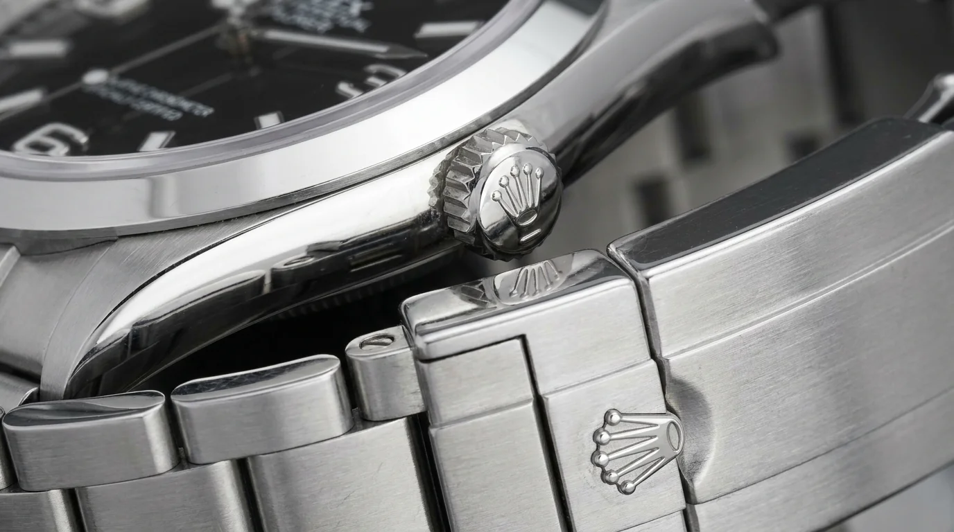 Macro detail of the Rolex Explorer's fluted crown and Oyster bracelet clasp