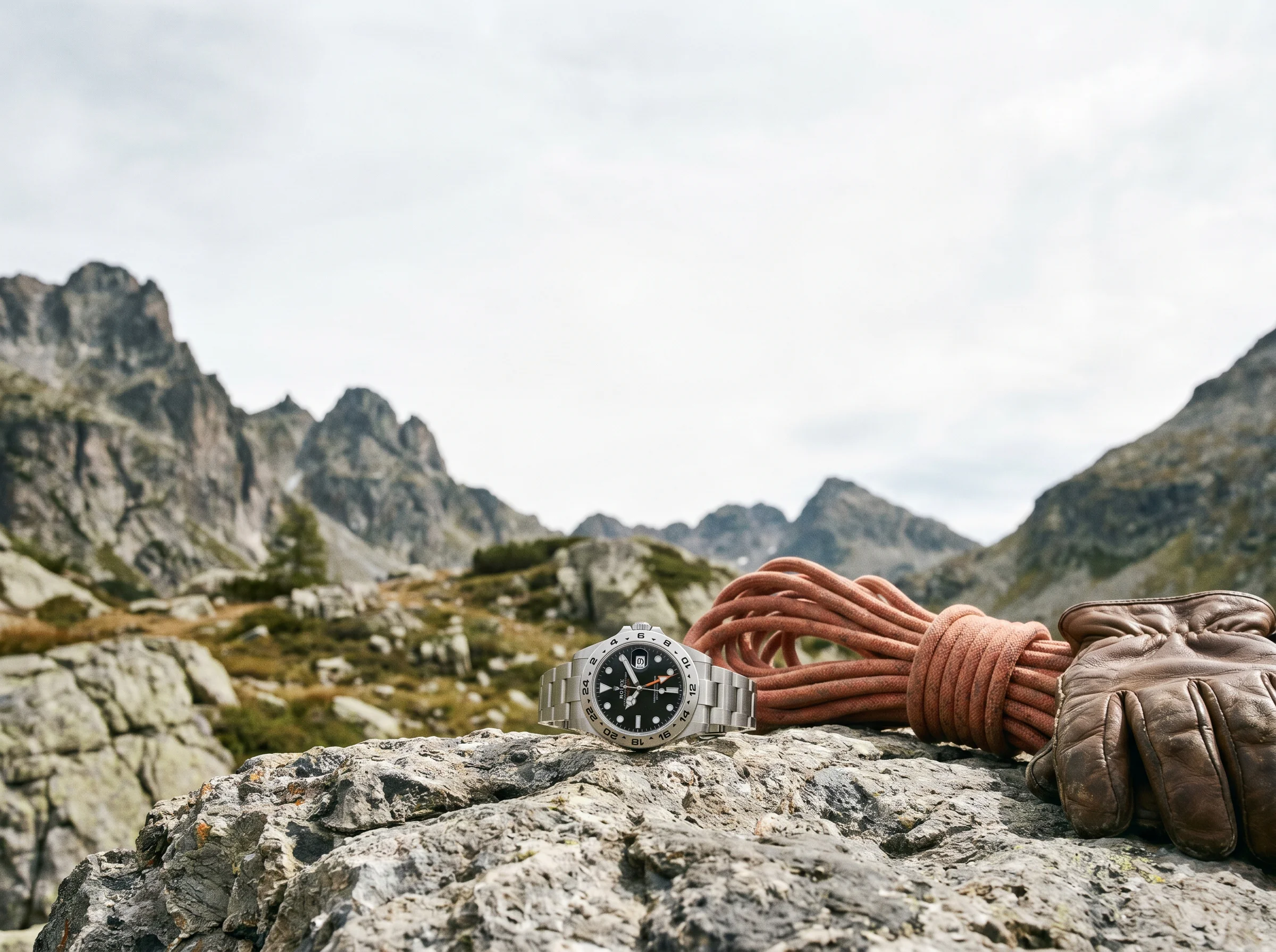 Rolex Explorer II 226570 with black dial on weathered rock beside climbing rope and a leather glove