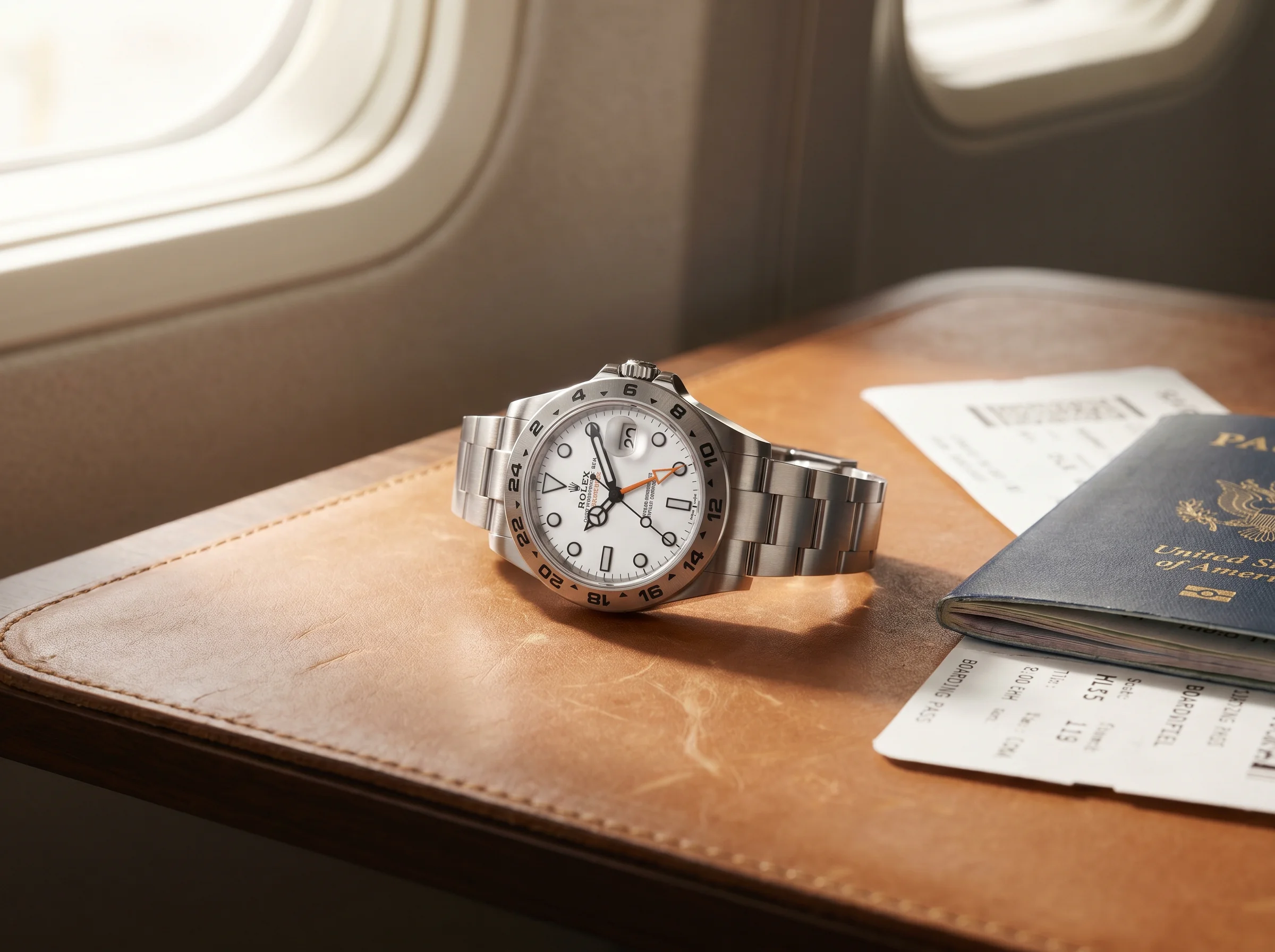Rolex Explorer II 226570 Polar on a tan leather desk pad beside a passport and boarding pass