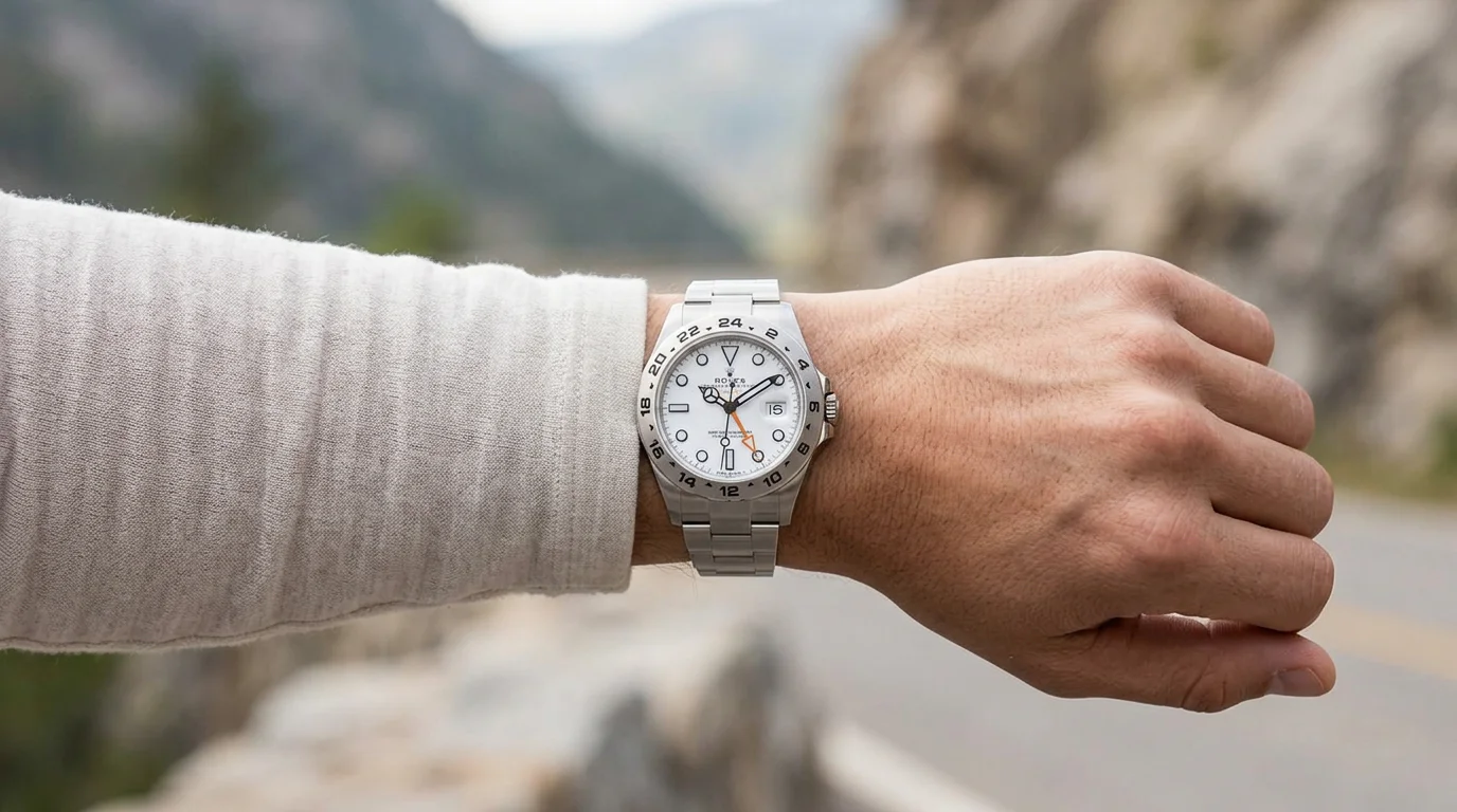 Rolex Explorer II 226570 with white Polar dial worn on the wrist outdoors
