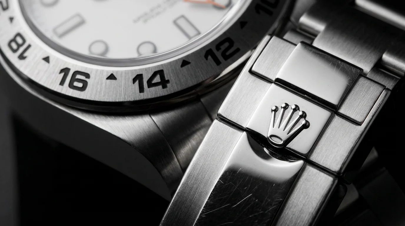 Macro detail of the Rolex Explorer II's black 24-hour bezel and Oyster bracelet clasp