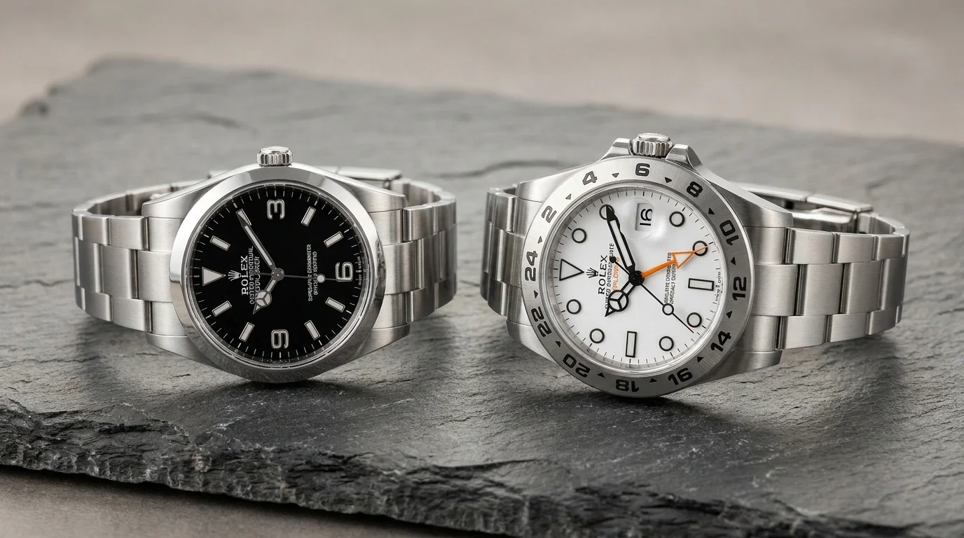 Rolex Explorer 36mm and Explorer II 42mm side by side showing the size difference