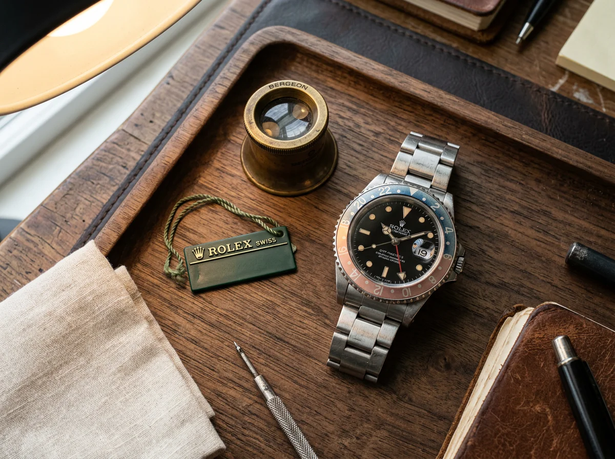 Vintage 1990s Rolex GMT-Master II 16710 with aged aluminum Pepsi bezel on Oyster bracelet, flat-lay with loupe and vintage Rolex green tag