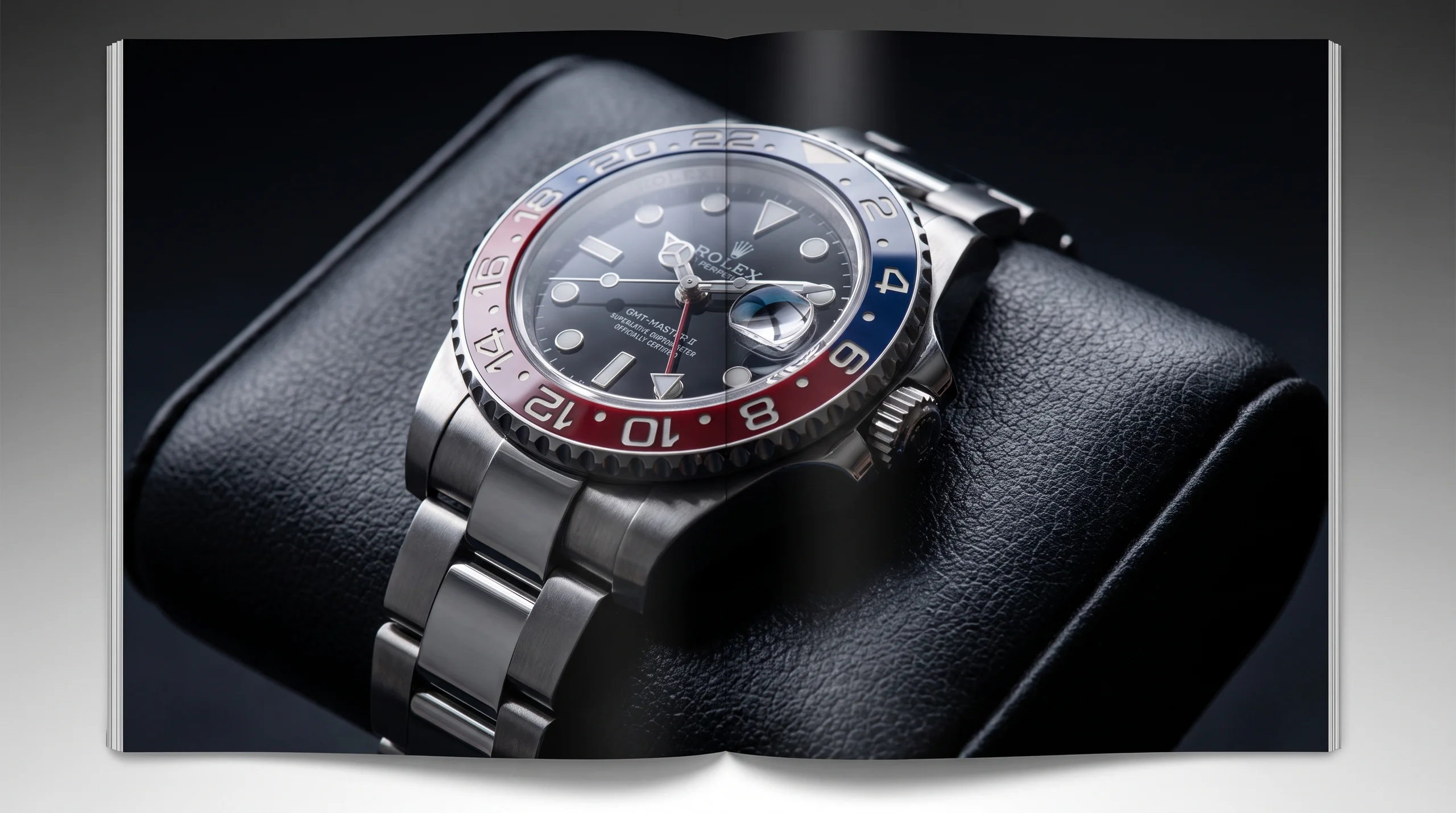 Steel Rolex GMT-Master II with red and blue Pepsi bezel on a leather display cushion