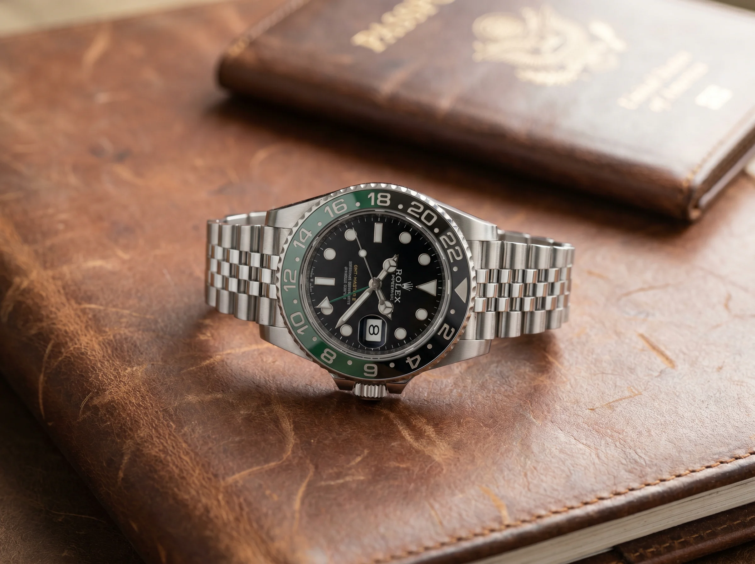 Top-down view of the left-handed Rolex GMT-Master II Sprite 126720VTNR with green and black Cerachrom bezel and crown at 9 o'clock