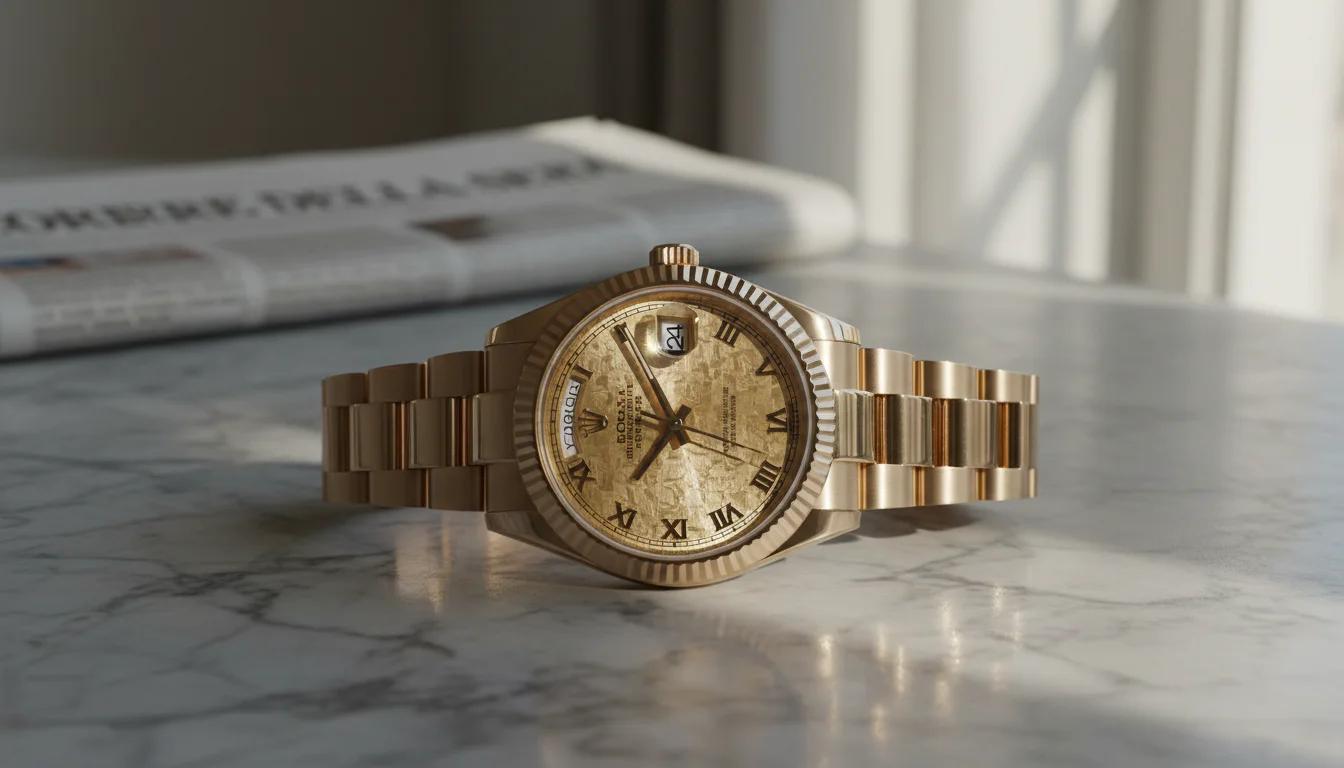 Rolex Day-Date 40 reference 228235JG-0002 in Jubilee Gold with textured gold leaf motif dial and applied Jubilee Gold Roman numeral hour markers, the second Day-Date 40 reference to debut the Jubilee Gold alloy, resting on a polished gray marble counter beside a folded Italian newspaper.