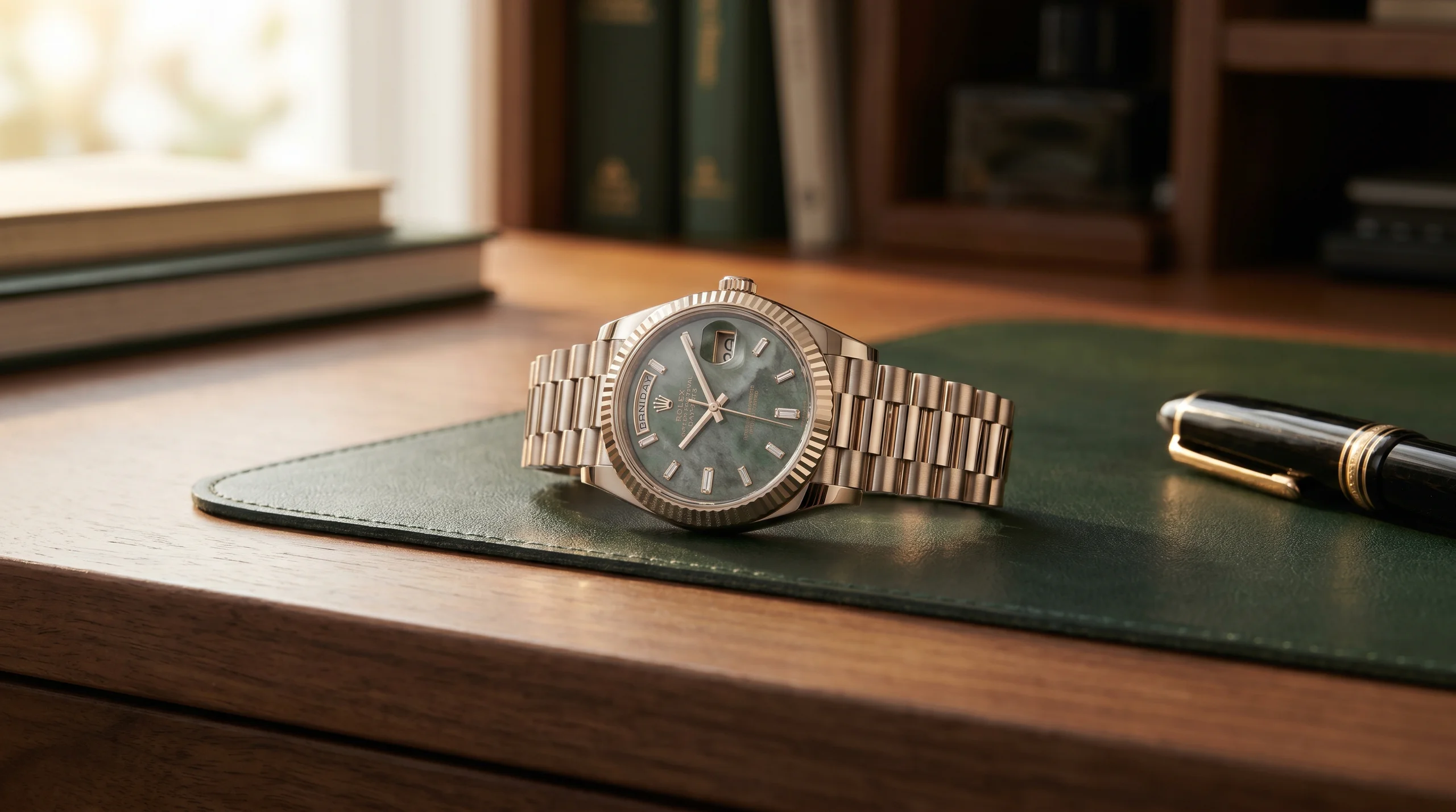 Rolex Day-Date 40 reference 228235JG-0003 in Jubilee Gold with green aventurine stone dial and 10 baguette-cut diamond hour markers, resting on a dark green leather desk pad beside a fountain pen on a walnut writing desk in late afternoon light.