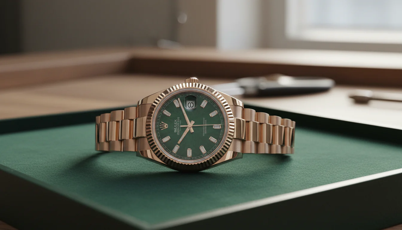 The President bracelet in Jubilee Gold on a Rolex Day-Date 40 reference 228235JG-0003, three-piece solid link architecture with polished center links and satin-brushed outer links, laid out on an emerald green velvet jewelry display tray.