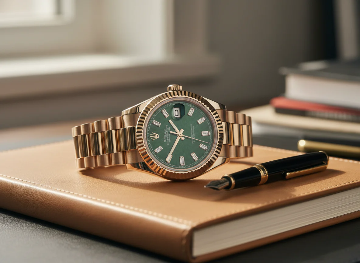 Three-quarter side profile of a Rolex Day-Date 40 reference 228235JG-0003 in Jubilee Gold showing the Twinlock crown, fluted bezel, and President bracelet architecture, resting on a tan leather-bound desk agenda with a fountain pen across the spine.