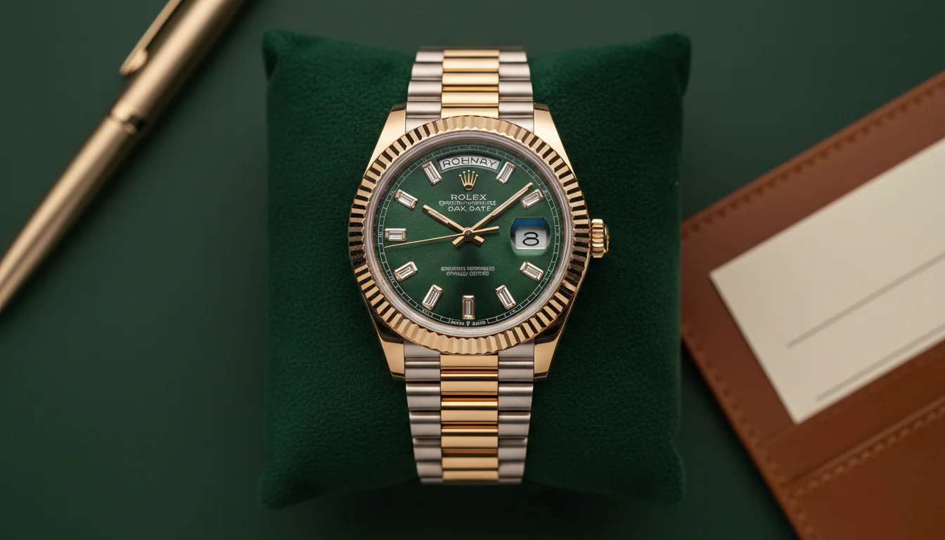 Top-down still life of the Rolex Day-Date 40 reference 228235JG-0003 in Jubilee Gold with green aventurine dial and baguette diamond markers, laid on a deep forest green velvet display pillow with a fountain pen and leather notecard holder in soft focus.