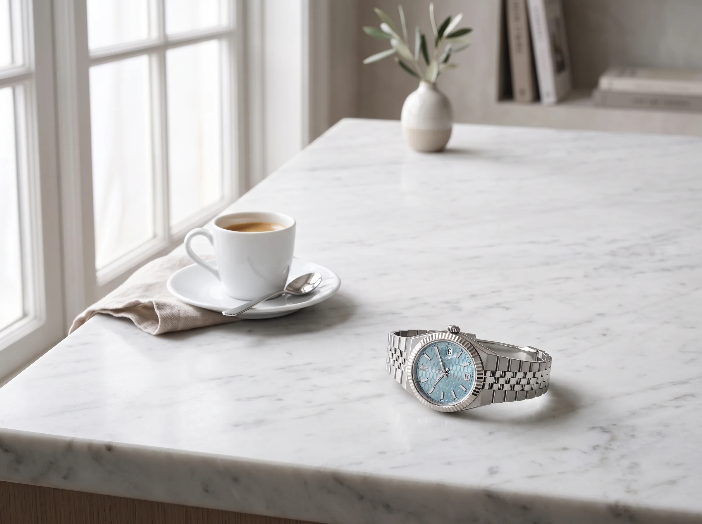 Rolex Land-Dweller on a pale marble countertop beside an espresso cup in soft daylight
