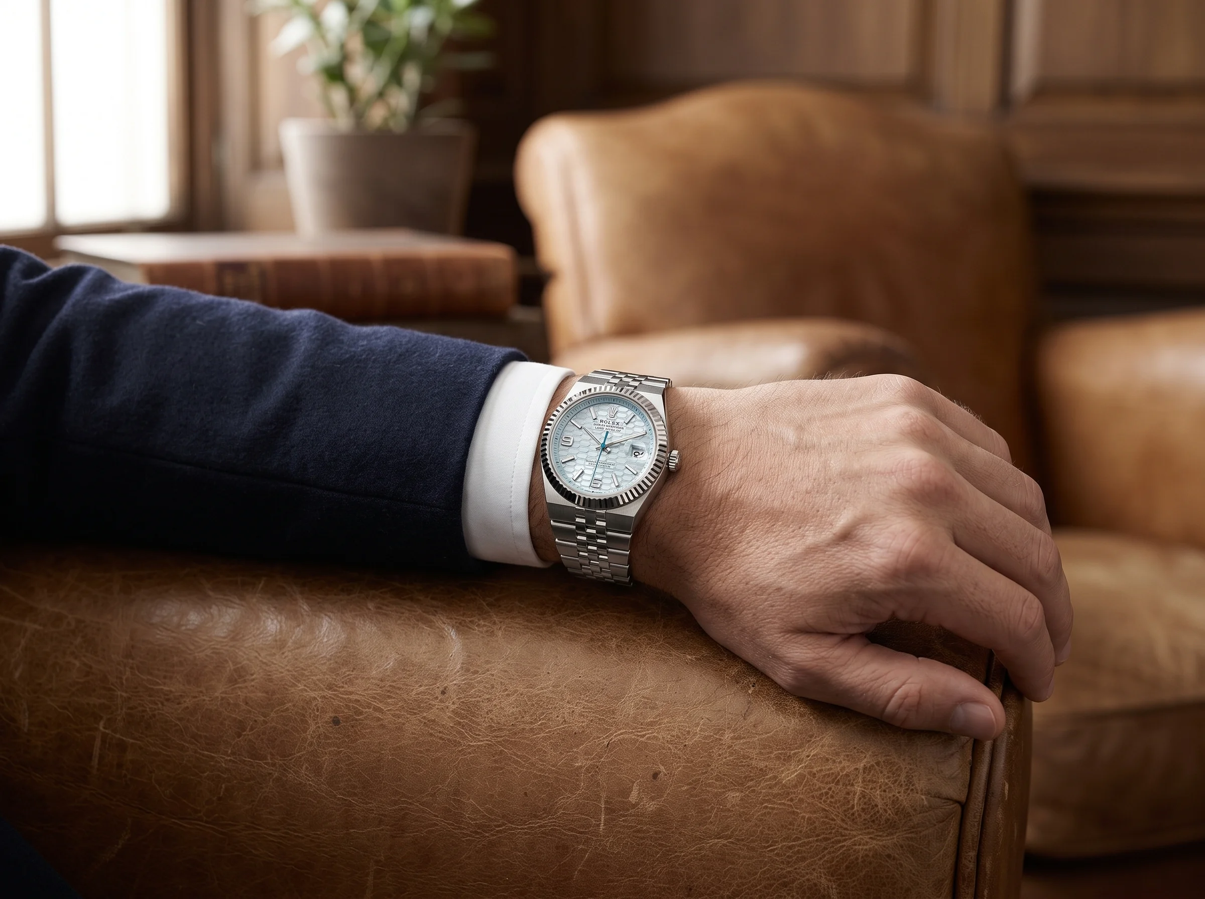 Rolex Land-Dweller worn on the wrist below a white shirt cuff and navy jacket sleeve, hand on a tan leather chair