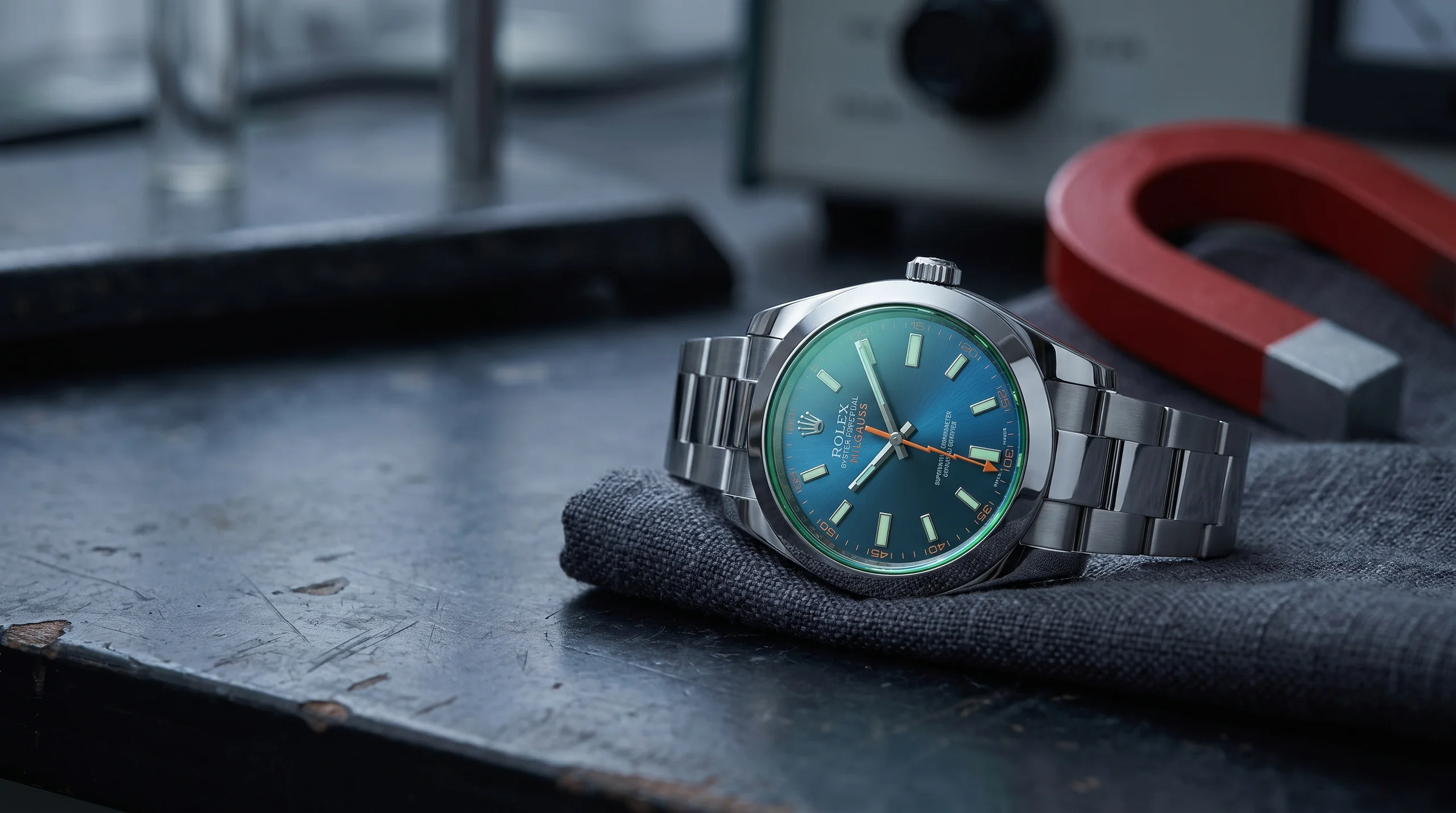 Rolex Milgauss 116400GV Z-blue dial beside a magnet on a lab bench