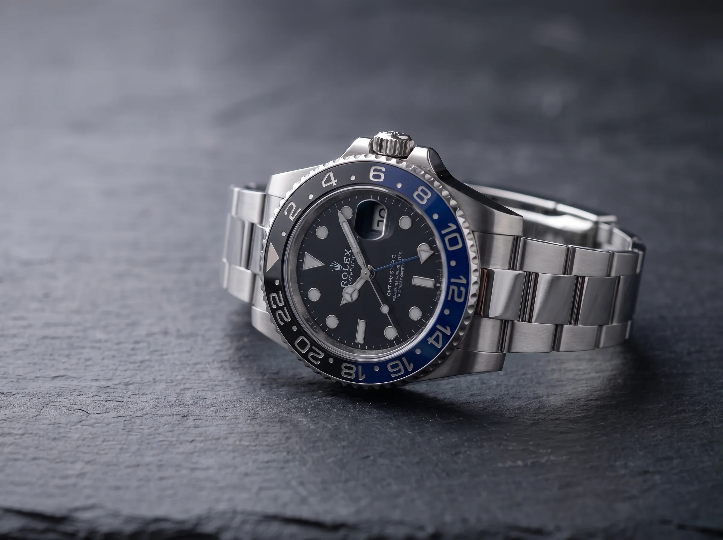 Rolex GMT-Master II Batman 126710BLNR with a black-and-blue bezel on a three-link Oyster bracelet on dark slate