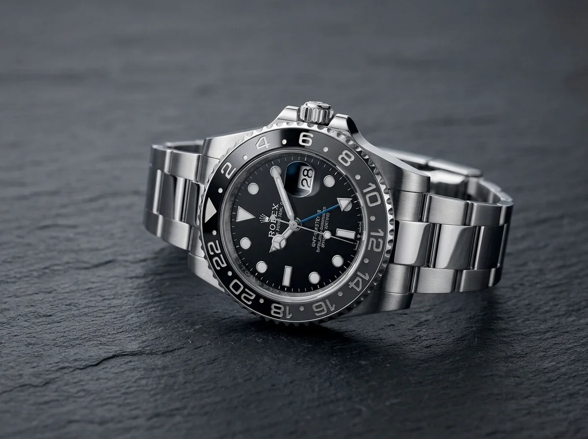 Rolex GMT-Master II Bruce Wayne with an all-black bezel on an Oyster bracelet on dark slate