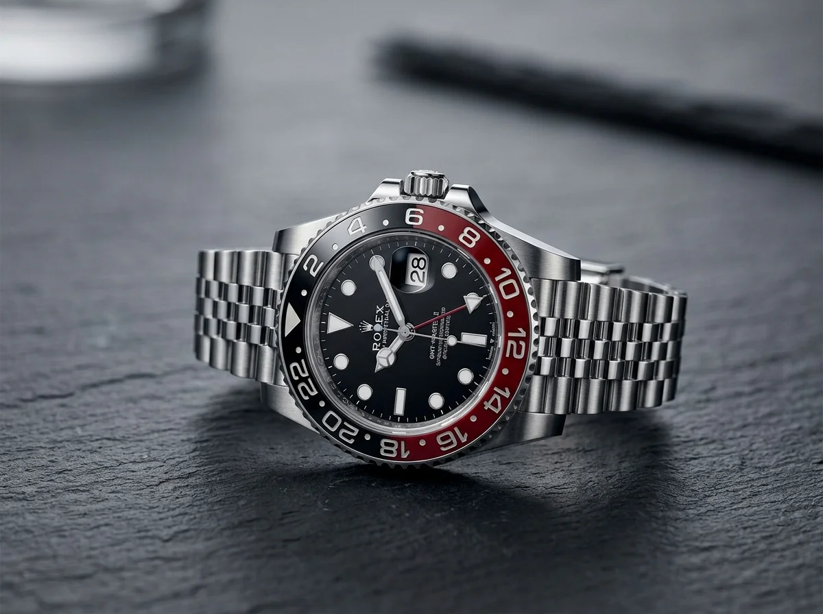 Rolex GMT-Master II Coke with a red-and-black bezel on a Jubilee bracelet on dark slate