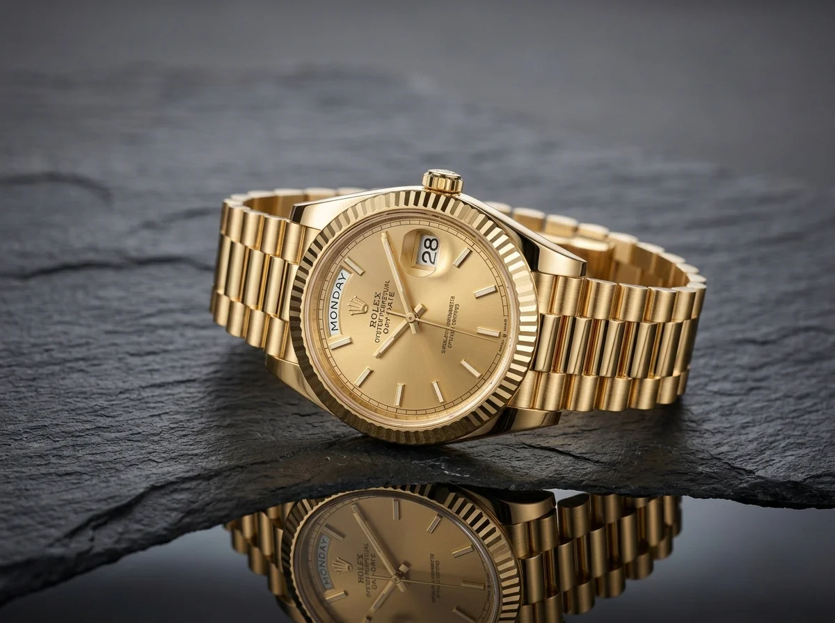 Rolex Day-Date 40 President in yellow gold with a champagne dial and the three-piece President bracelet
