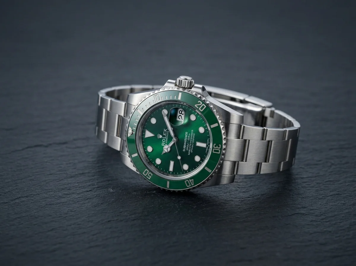 Rolex Submariner Hulk 116610LV in steel with a green dial and green bezel on dark slate