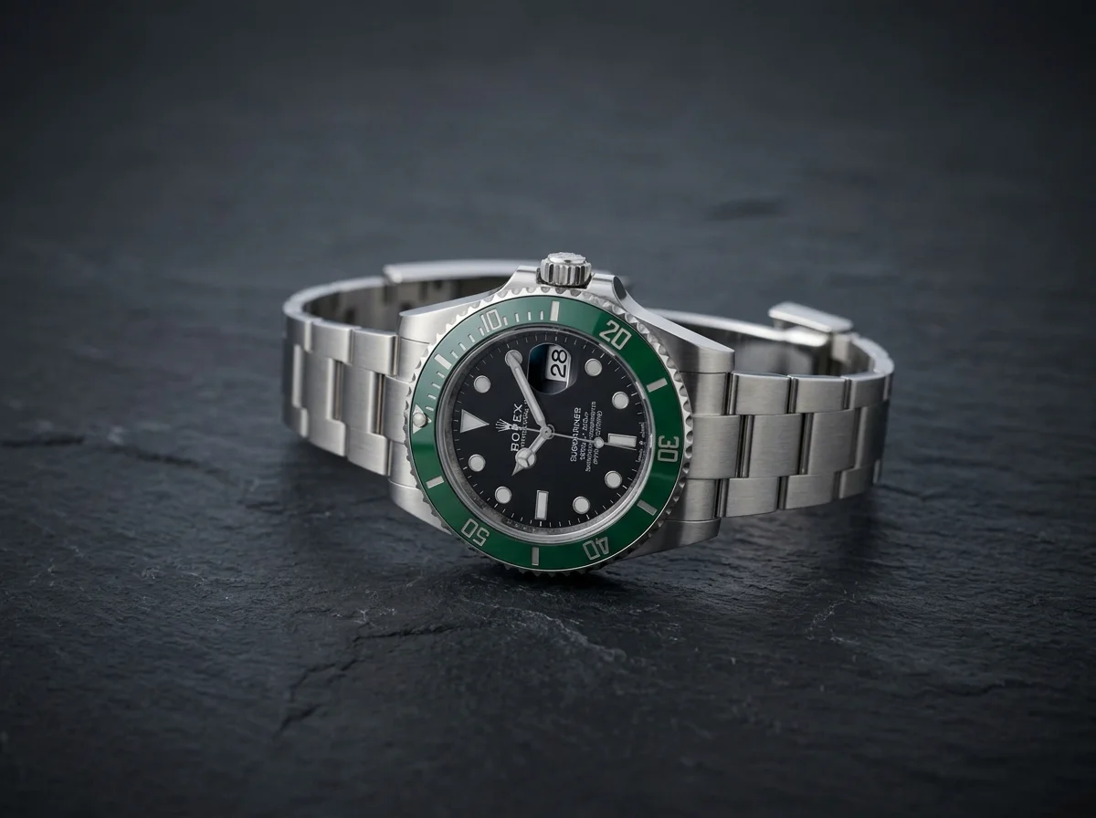 Rolex Submariner Kermit 126610LV in steel with a green bezel and black dial on dark slate