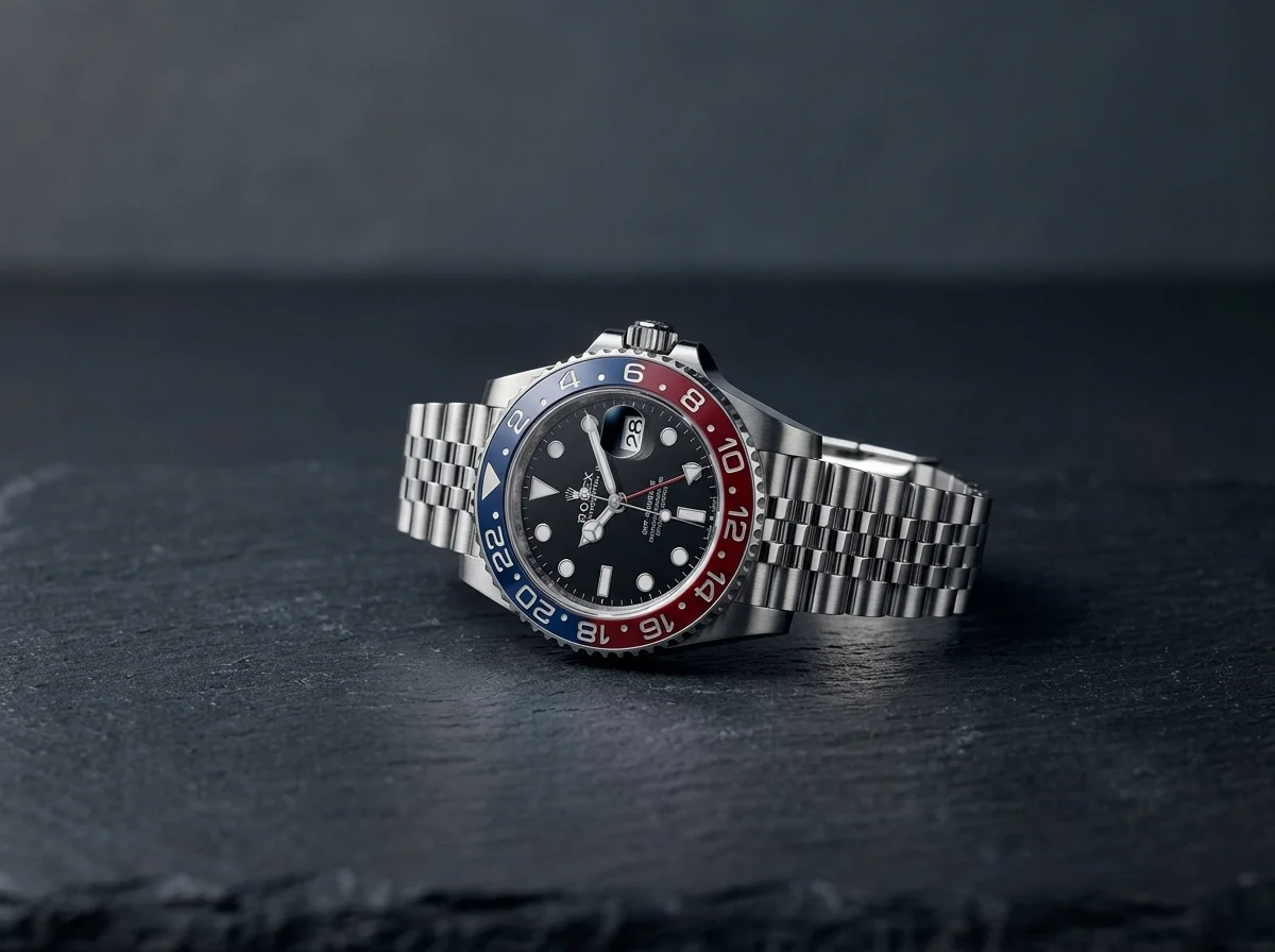 Rolex GMT-Master II Pepsi 126710BLRO with a red-and-blue bezel on a Jubilee bracelet on dark slate