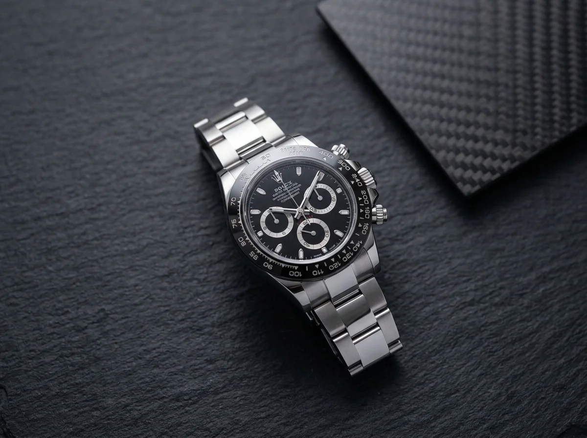 Rolex Cosmograph Daytona Reverse Panda with a black dial and white sub-dials on dark slate