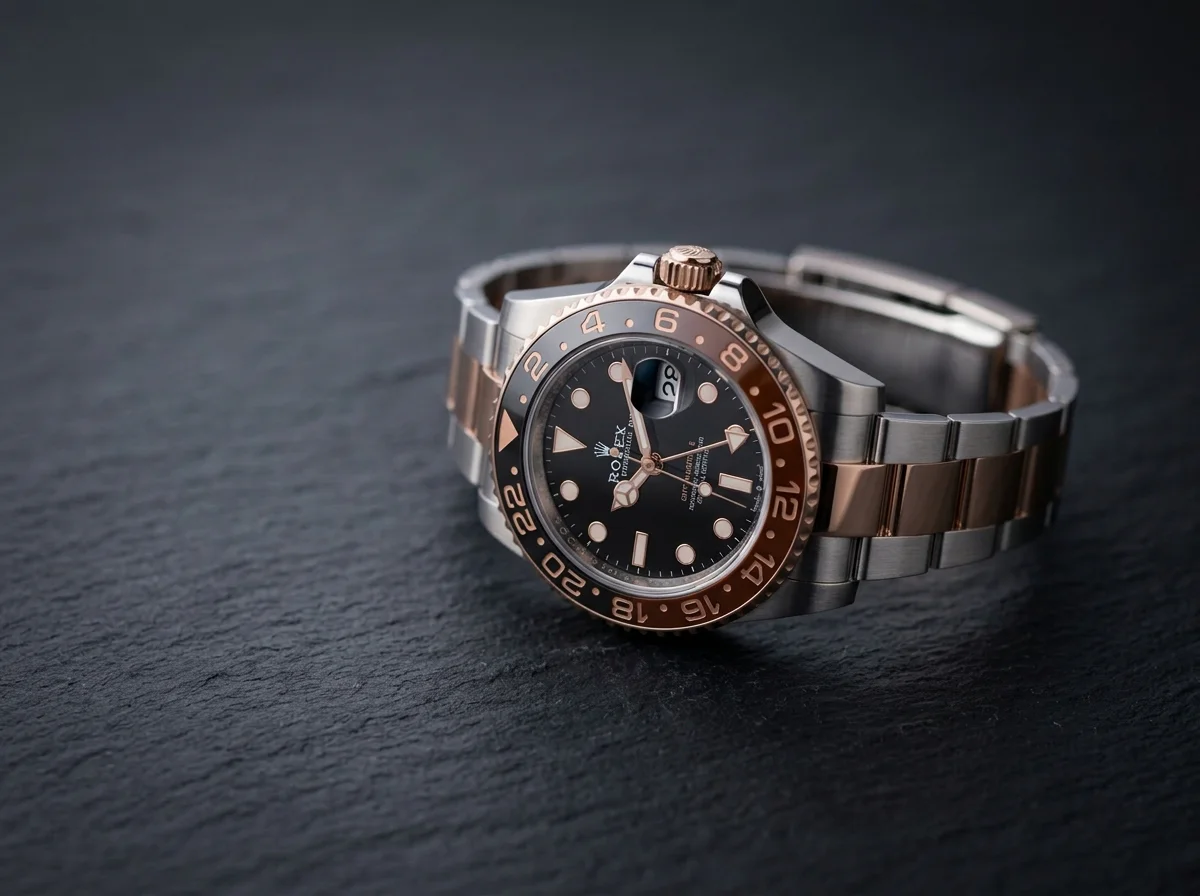 Rolex GMT-Master II Root Beer in two-tone Everose gold and steel with a brown-and-black bezel on dark slate