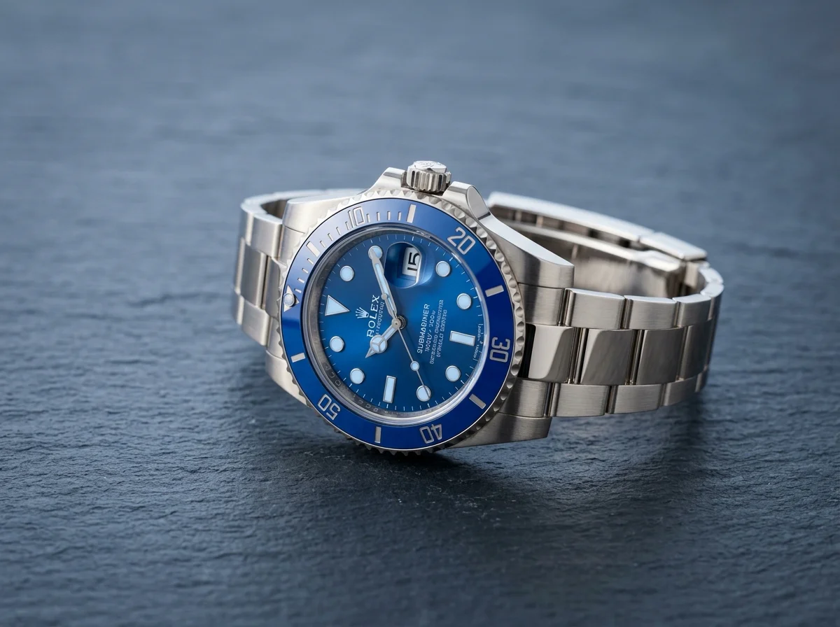 Rolex Submariner Smurf 116619LB in white gold with a blue dial and blue bezel on dark slate