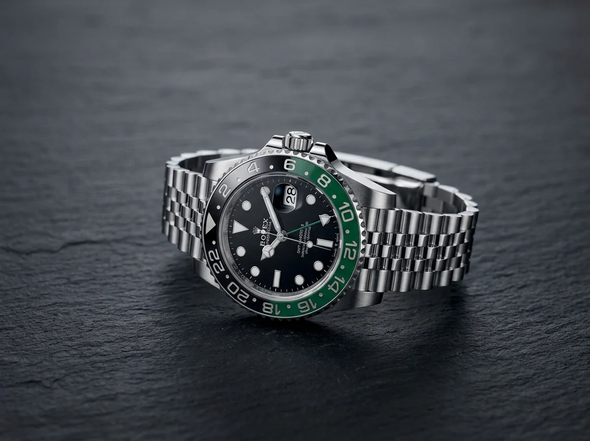 Rolex GMT-Master II Sprite with a black-and-green bezel on a Jubilee bracelet on dark slate