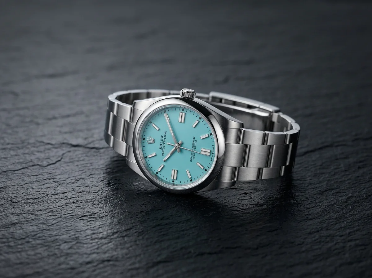Rolex Oyster Perpetual with a turquoise Tiffany blue lacquer dial on dark slate