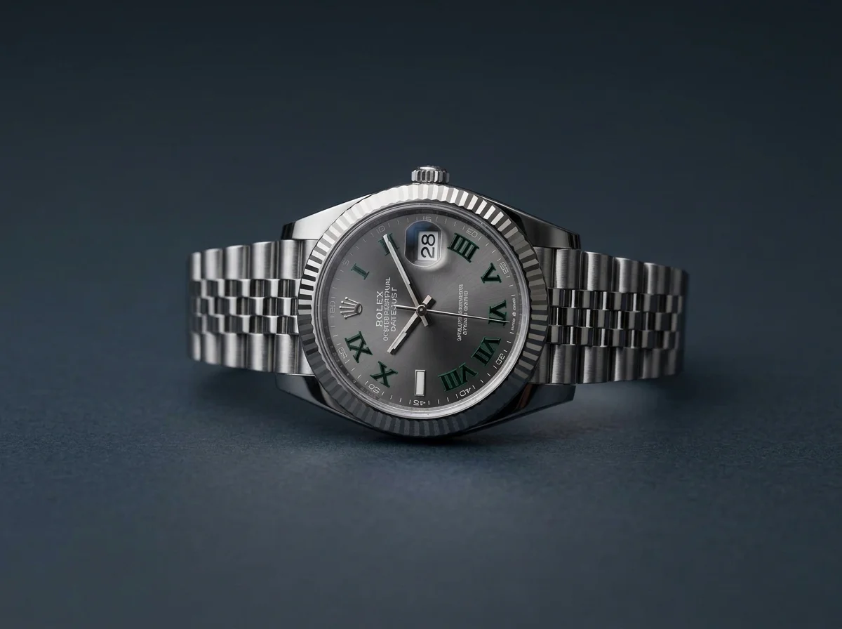 Rolex Datejust Wimbledon with a slate grey dial and green Roman numerals on a Jubilee bracelet