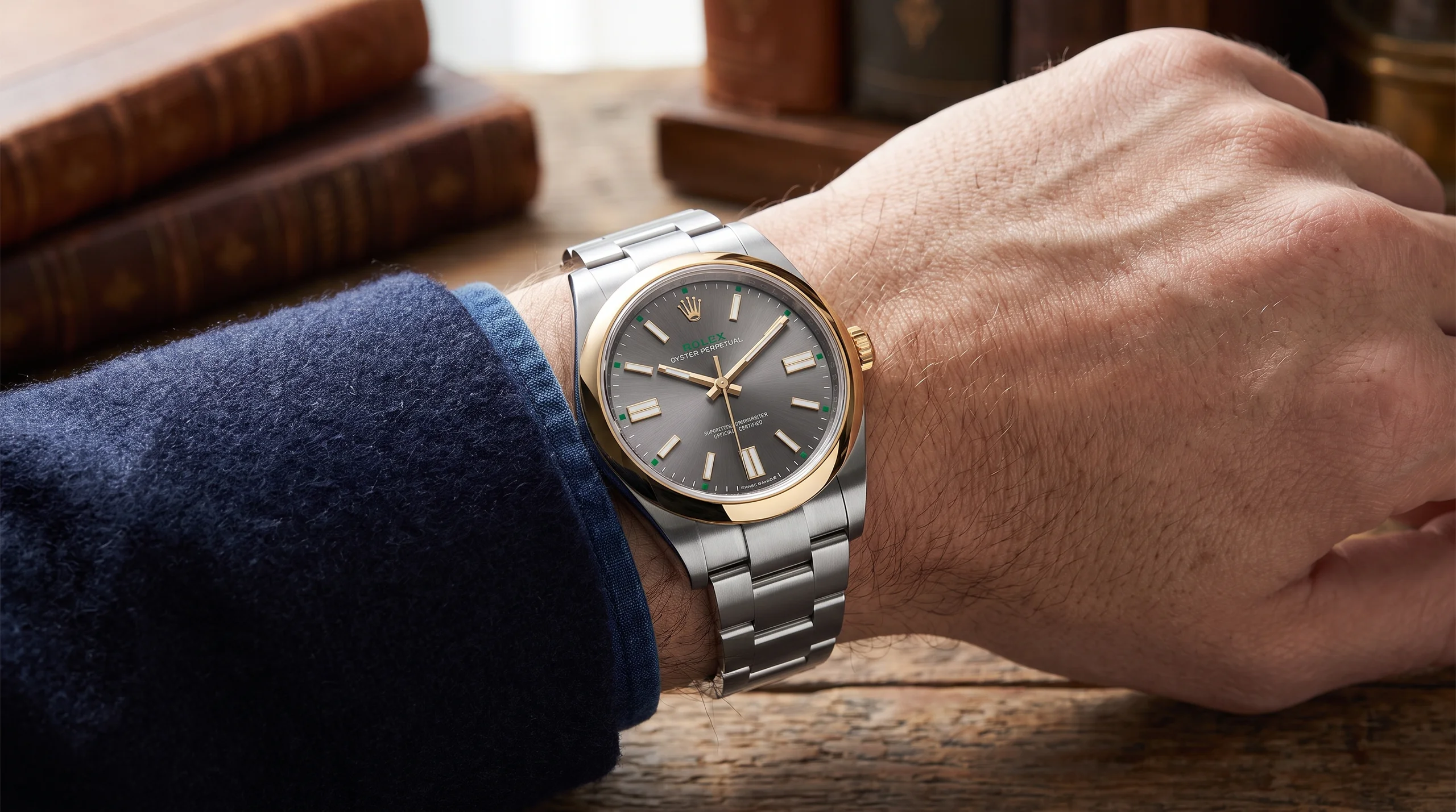 Rolex Oyster Perpetual 100 Years on wrist showing two-tone Rolesor configuration