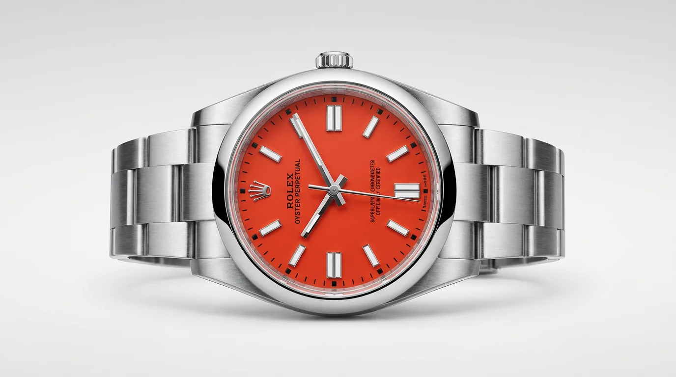 Rolex Oyster Perpetual 41 124300 with a vivid coral red dial on an Oyster steel bracelet.