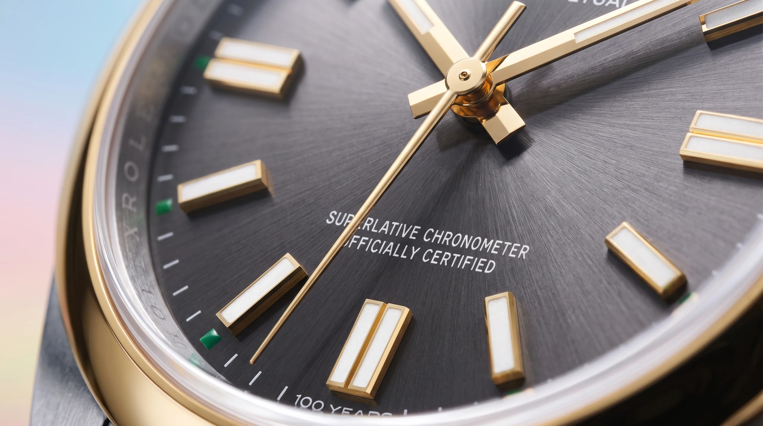 Macro of the Rolex Oyster Perpetual 41 slate sunray dial