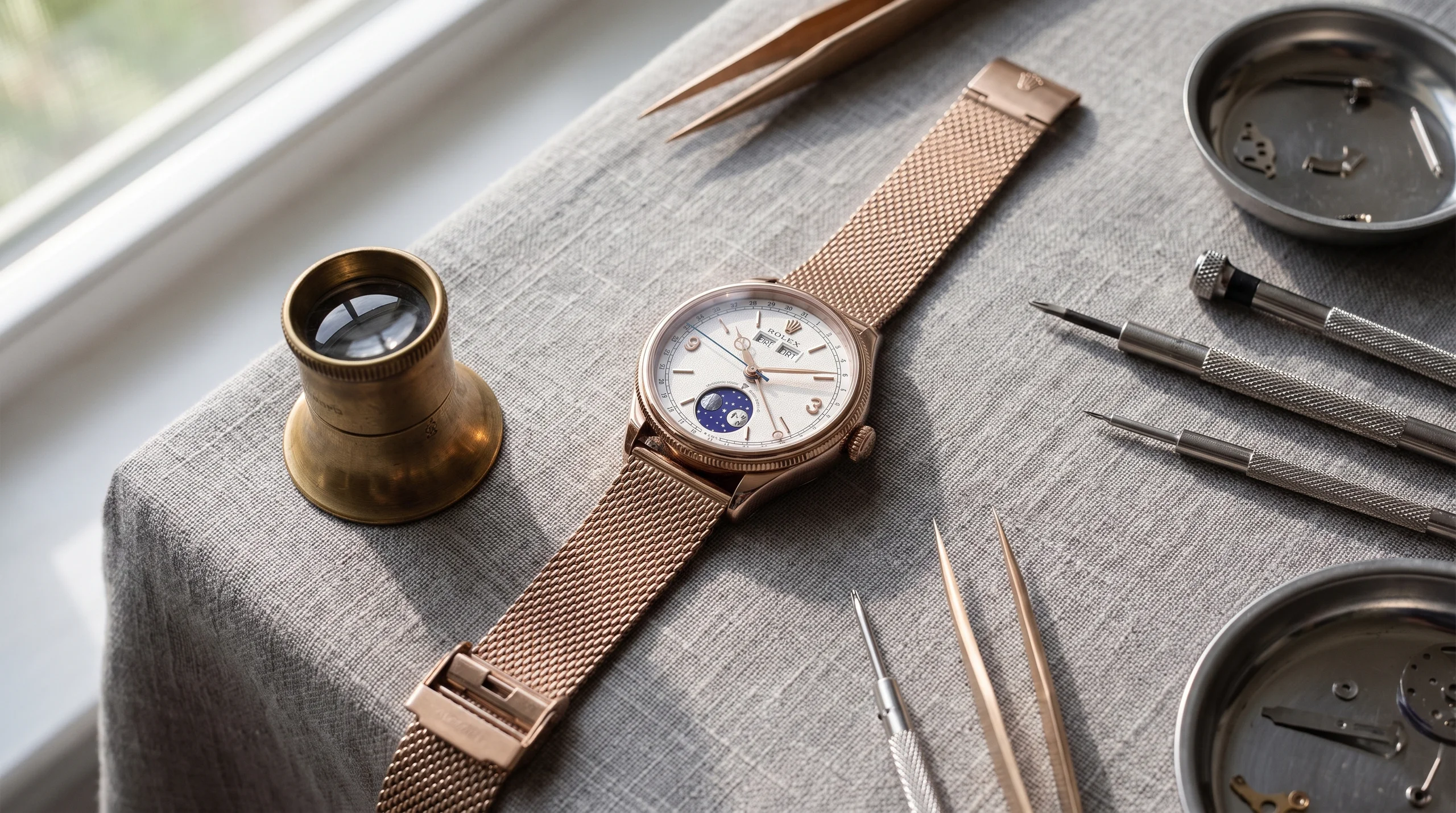 Rolex Perpetual Padellone on a Settimo bracelet beside a loupe and watchmaker tools