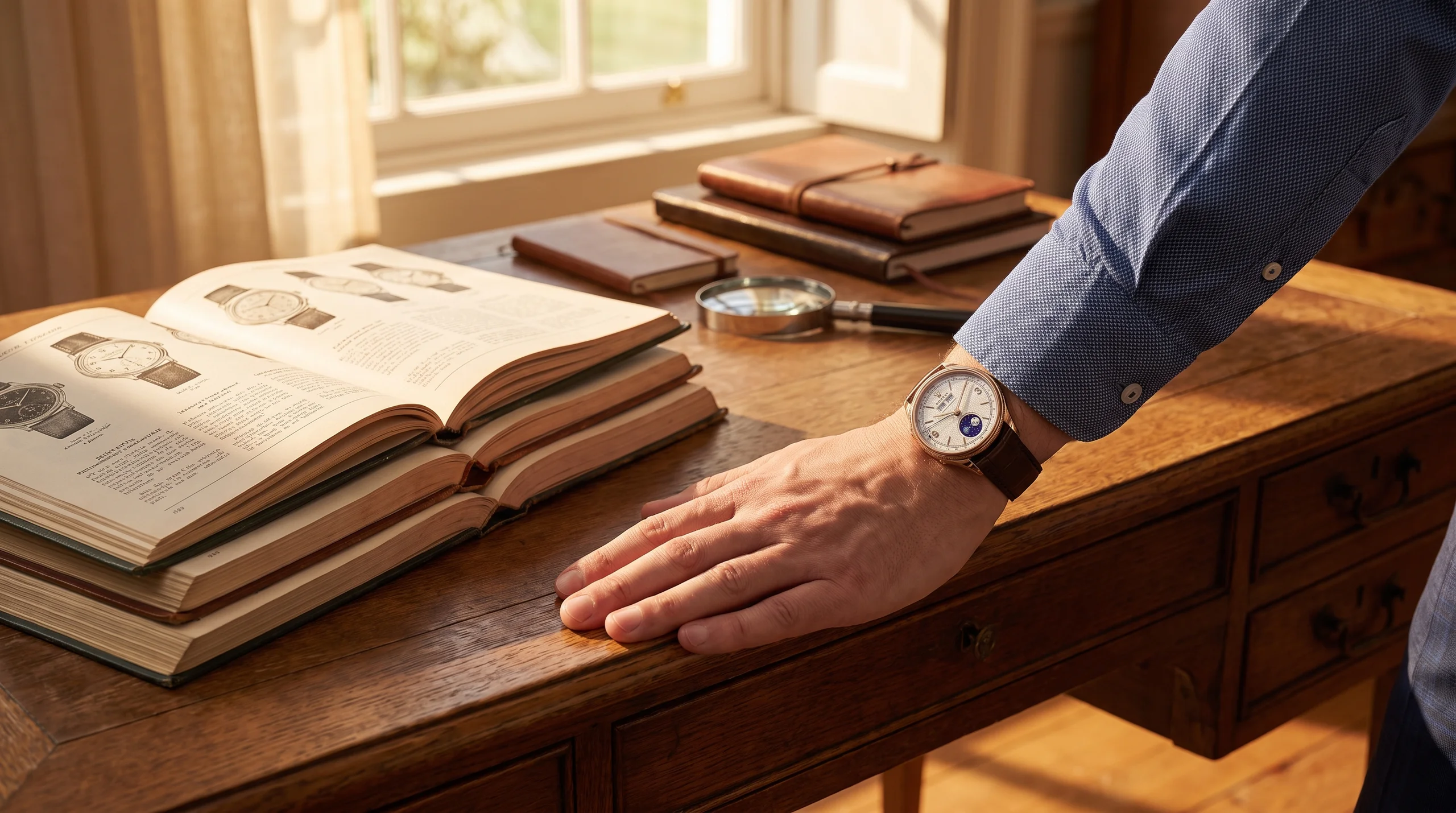 Collector wearing the Rolex Perpetual Padellone at a wooden desk with vintage watch catalogs