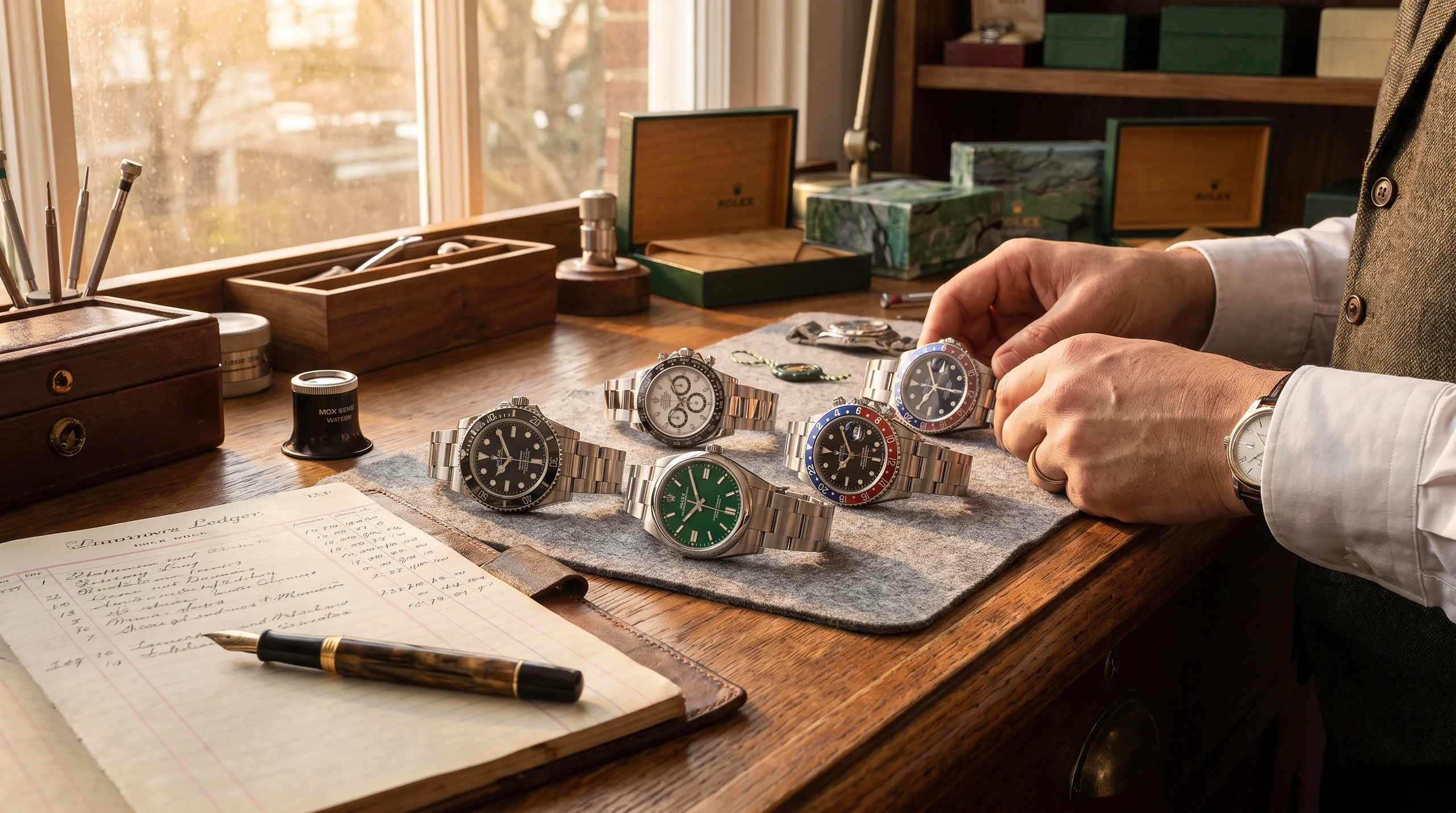 Pre-owned watch dealer's desk with several steel Rolex sport watches laid out for inspection
