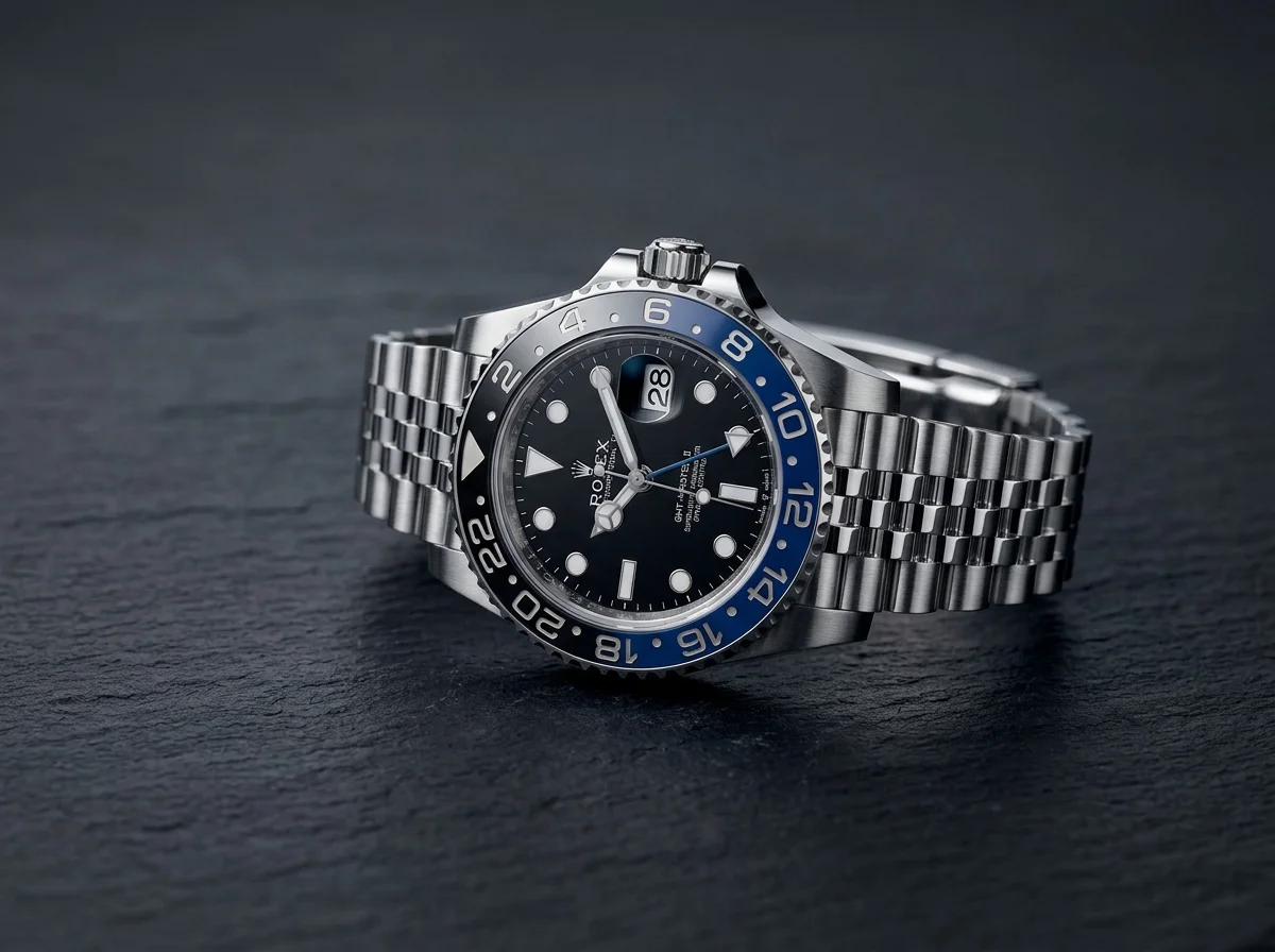 Rolex GMT-Master II Batman 126710BLNR with a black-and-blue bezel on a Jubilee bracelet on dark slate