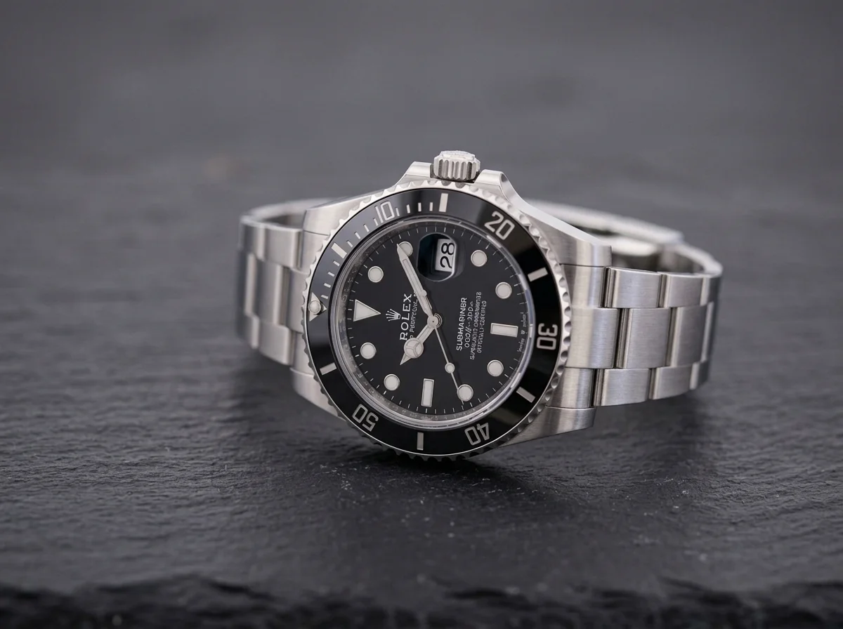 Rolex Submariner Date 126610LN in steel with a black dial and black ceramic bezel on dark slate