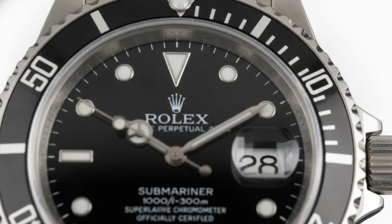 Macro view of a Rolex-style watch rehaut flange between the dial and crystal