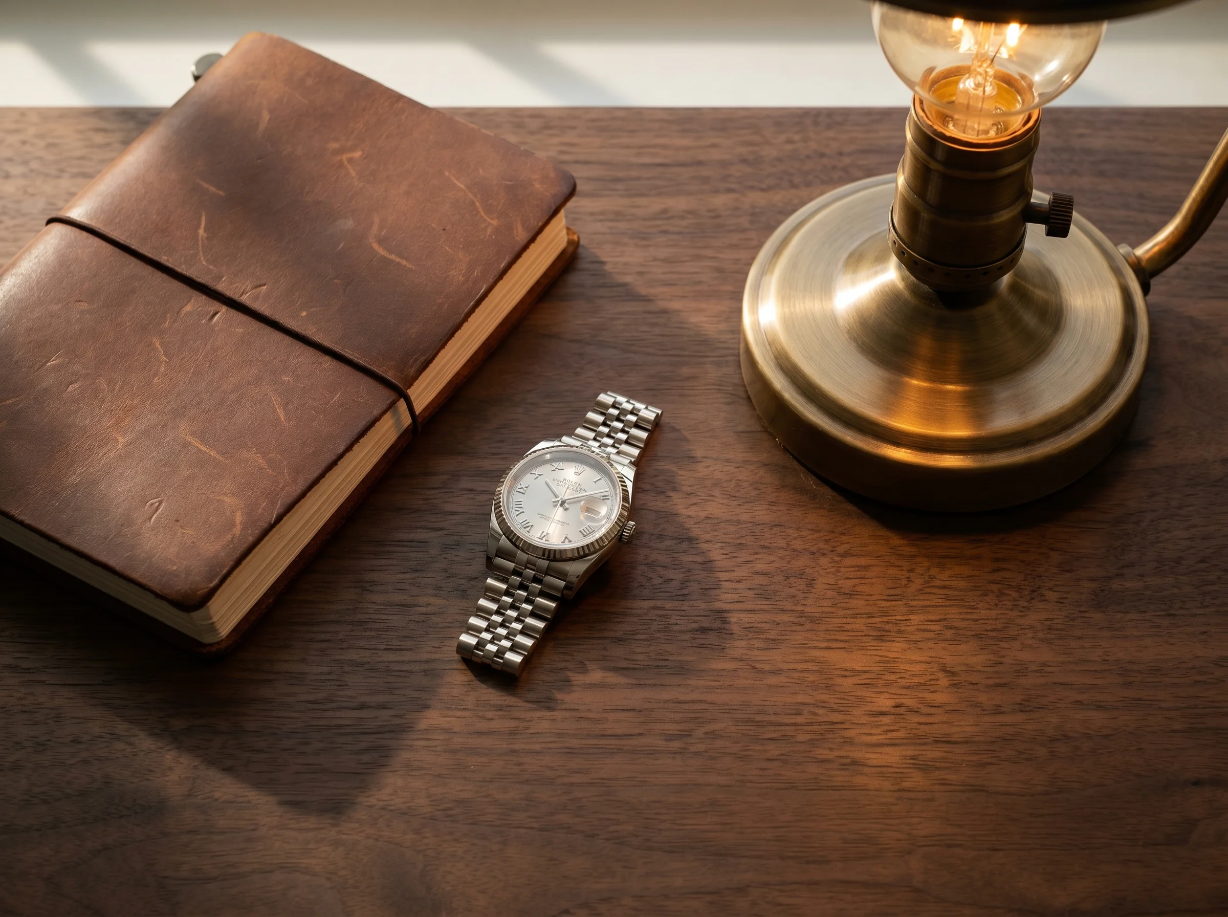Rolex Datejust 36 white gold fluted bezel on a dark walnut desk beside a leather notebook and brass lamp