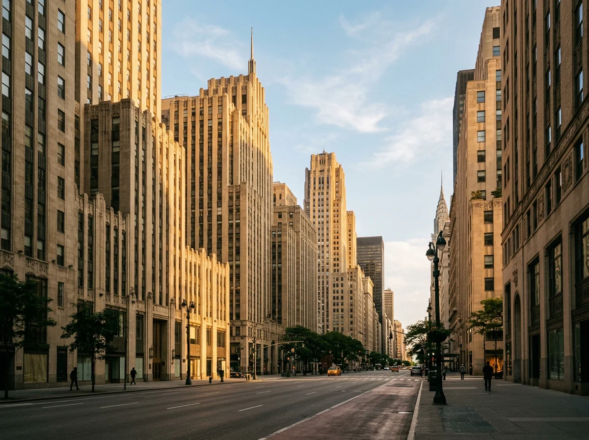 Midtown Manhattan Art Deco limestone streetscape at golden hour