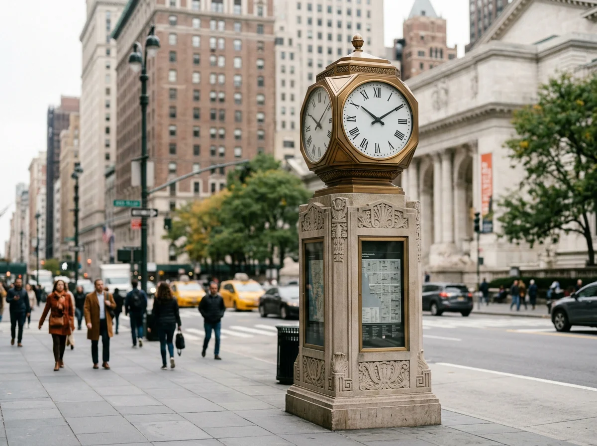Elegant four-sided public street clock atop a stone Art Deco information kiosk on a Manhattan sidewalk