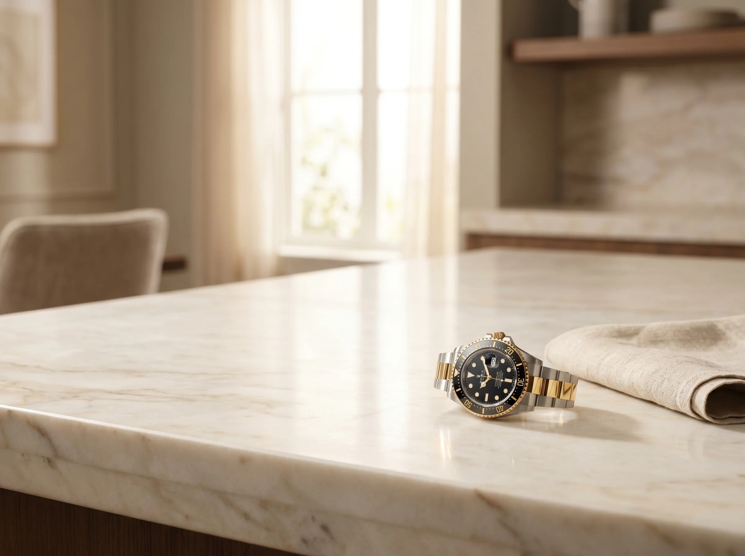 Rolex Sea-Dweller 126603 two-tone in Oystersteel and yellow gold on a cream marble counter