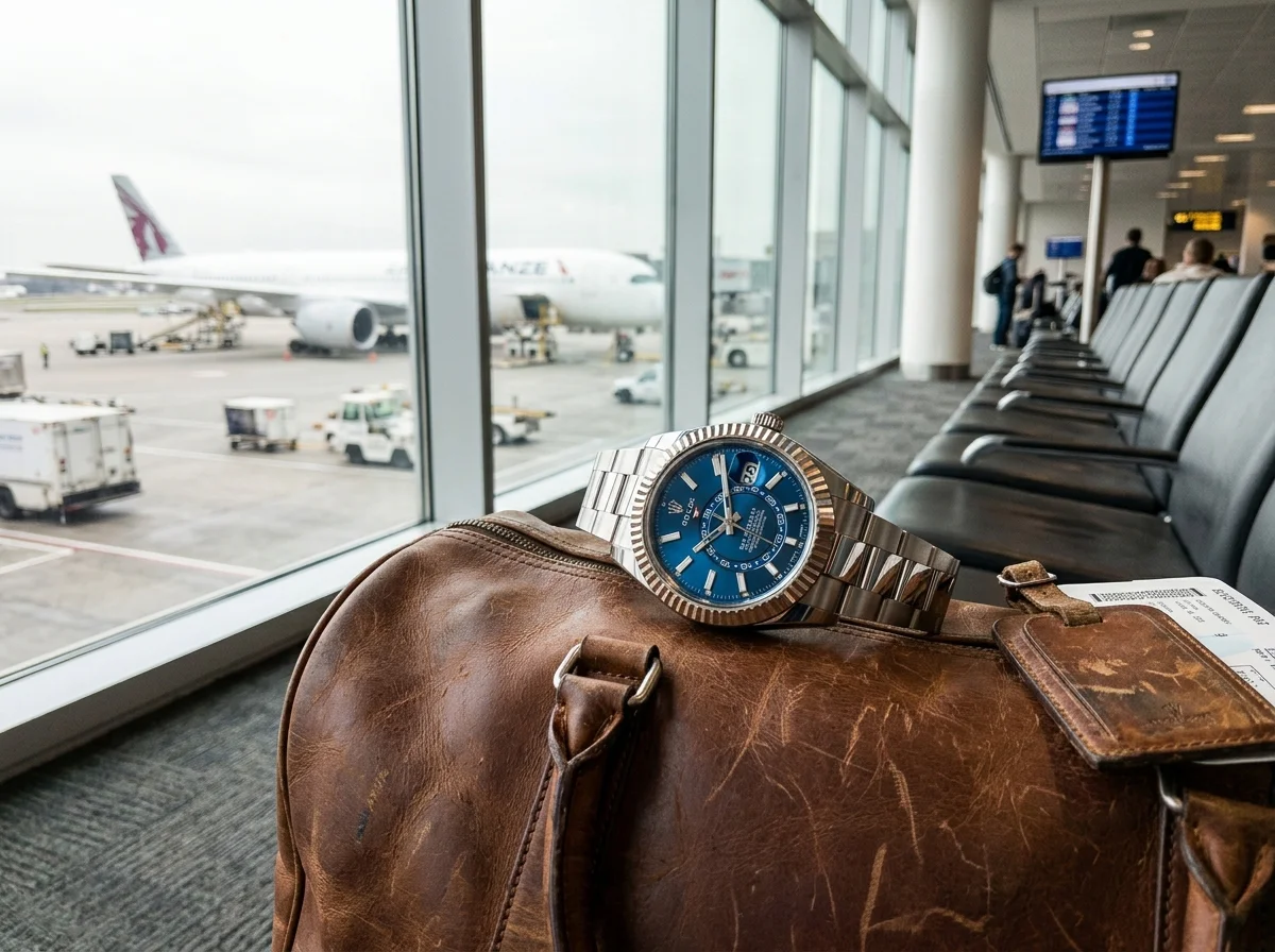 Rolex Sky-Dweller 326934 blue dial on leather carry-on bag at airport gate, aircraft visible through window