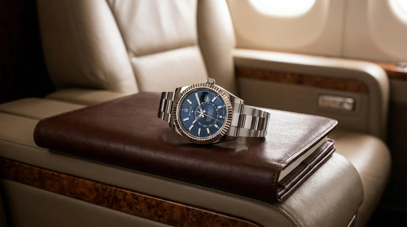 Rolex Sky-Dweller 326934 blue dial on dark leather business portfolio in first-class airline cabin, soft ambient light